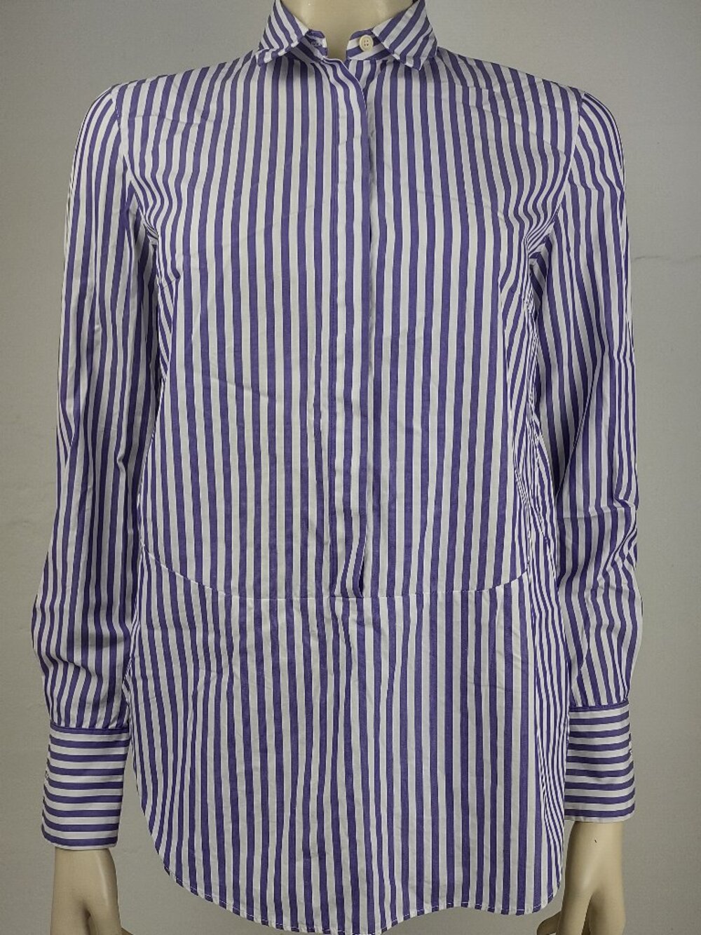 Akris Punto purple white striped 100% Cotton half button blouse top ladies 4